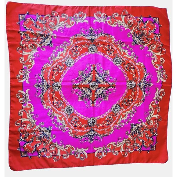 H & M Scarf Made In Italy Pink Orange Gold Medallion Scroll 34" x 34" Colorful - Picture 3 of 11